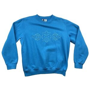 Bold Spirit Sweatshirt Mens Medium Geometric Embroidered Aqua Turquoise 90s Vtg